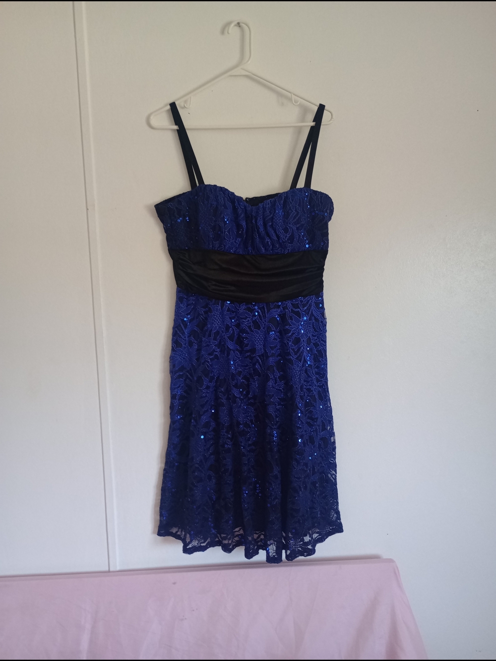 Royal Blue Lace Midi Dress with Black Waistband and Straps Sz 12